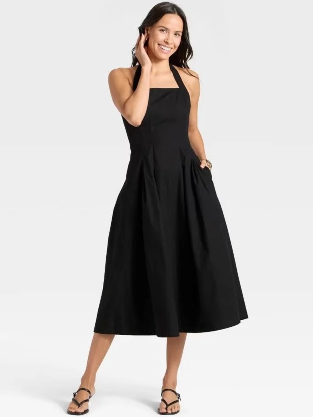 A New Day Women’s Midi Halter Black Dress Pockets Size Large